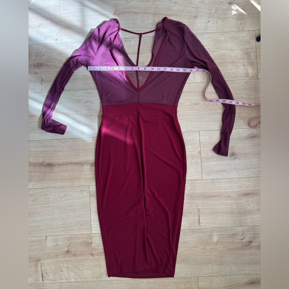 Burgundy Sheer Top Long Sleeve Dress - Picture 3 of 3